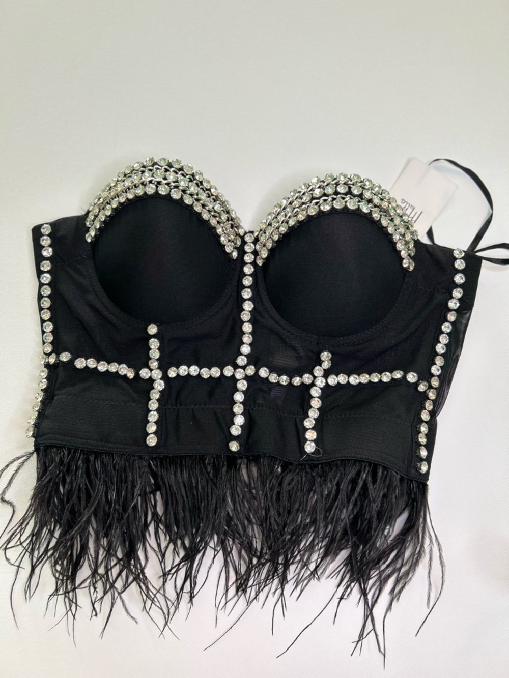 Embellished Black Rhinestone Feather Crop Top